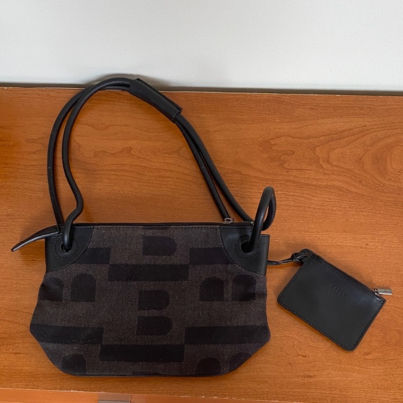 Bally Handbags - Bally Black Brown Fabric Shoulder Bag with Leather Trim and Coin Pouch